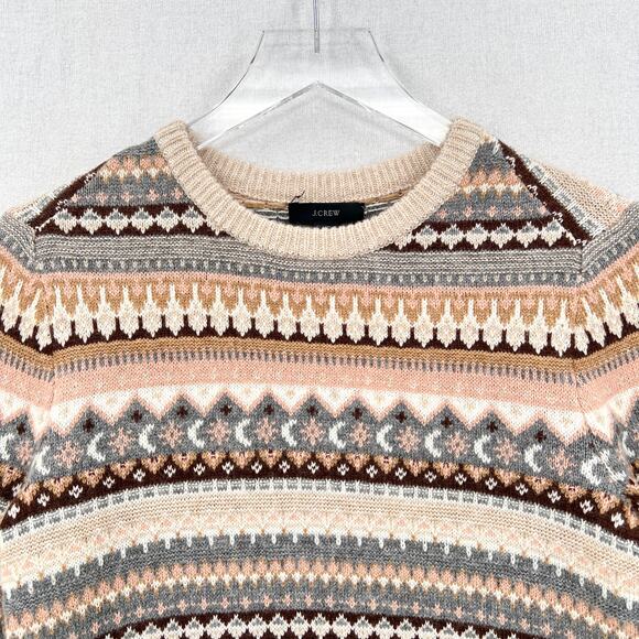 J CREW Fair Isle Cropped Crewneck Sweater Womens XS Cream Gray Brown Wool Blend - Picture 5 of 14